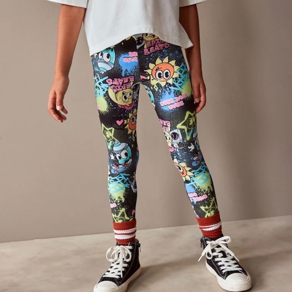 NEXT girls Black Graffiti Character Printed Leggings Size 11Y NWOT